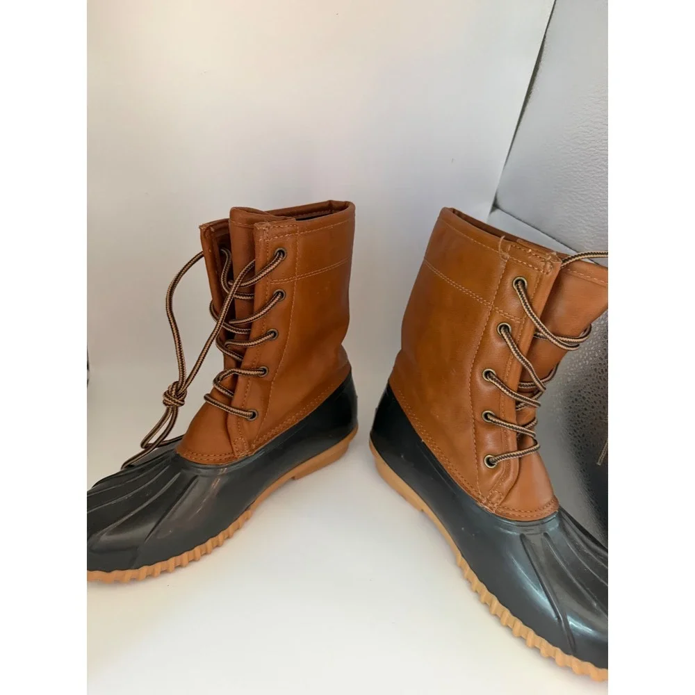 Sporto Arianna Duck Boots Brown Black Lace Up Faux Fur Lined Rain Snow Mens 6.5M